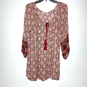 Mettle Tunic Boho Peasant Top Women L Brown Red V-Neck 3/4 Elastic Sleeve Blouse